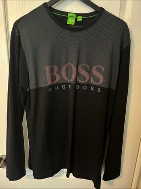Hugo Boss Black Long-Sleeve Crew Shirt with Gray Yoke and Pink Logo